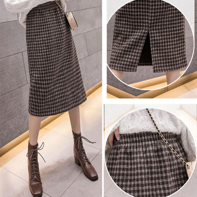 Kostkovaná sukně Houndstooth pro ženy Podzim a zima s fleecem zesíleným nad kolena Středně dlouhá rovná sukně s dělenými boky