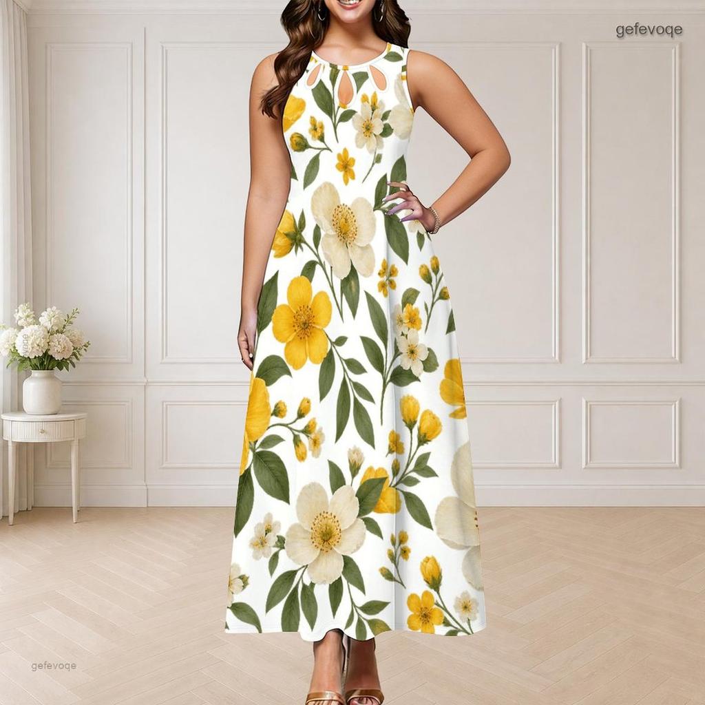 Women Plus Size Round Neck Triple Keyhole Cutout Sleeveless Floral Printed Long Dress