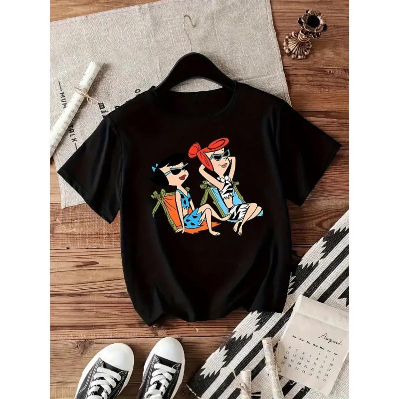 

Women s Round Neck Short Sleeve Tee Casual All Season Sunbathing Cartoon Print Top S чёрный