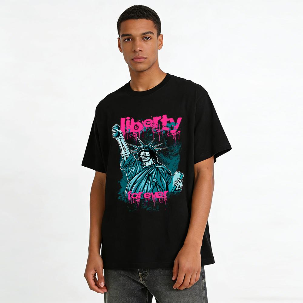 Skeleton Statue of Liberty Graffiti Print Street Culture Tee Pure Cotton T-shirt