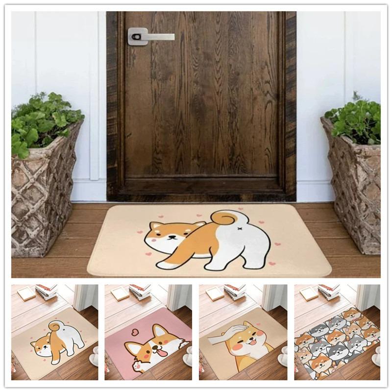 Cartoon Dog Pattern Door Mat Floor Mat with Adorable Shiba and Corgi Designs Non-slip Floor Rug for Entrance Home Decorative Mat