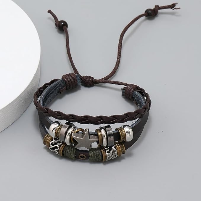 Vintage Bohemian Hippie Elf Rock Leather Wrap Wrist Wide Bracelet Dark Coffee