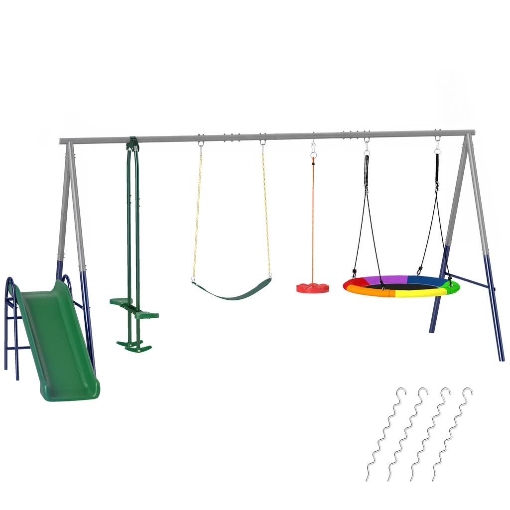 5-in-1 Swing Set with Slide Height-Adjustable Swing Frame with Nest Swing 382x196x203 cm Multicolor