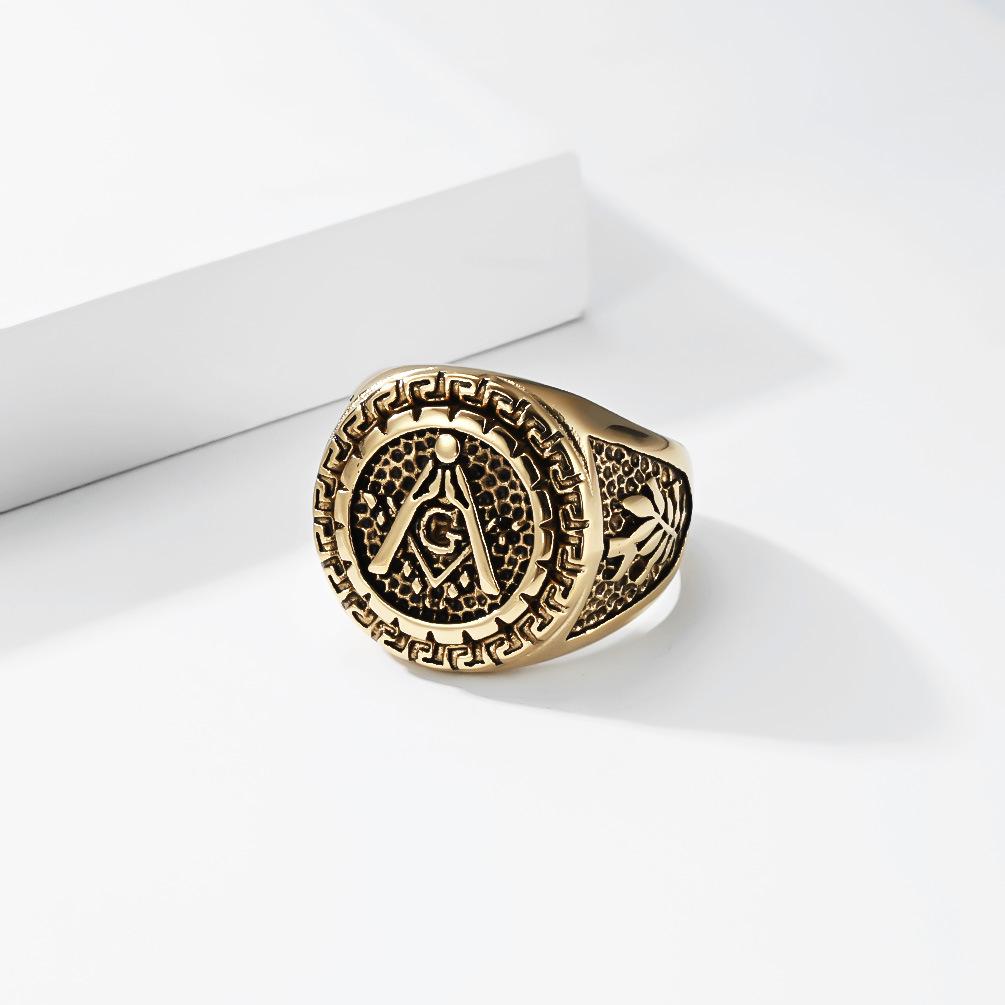 Men's Retro Stainless Steel Square Compass Freemason Punk Ring