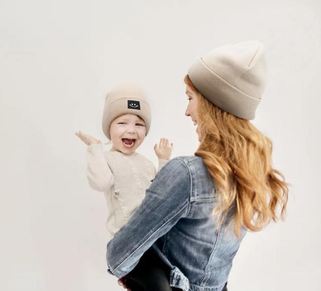 Smiley Logo Women's and Children's Knitted Wool Hat - Warm, Outdoor, Winter Leisure Beanie.