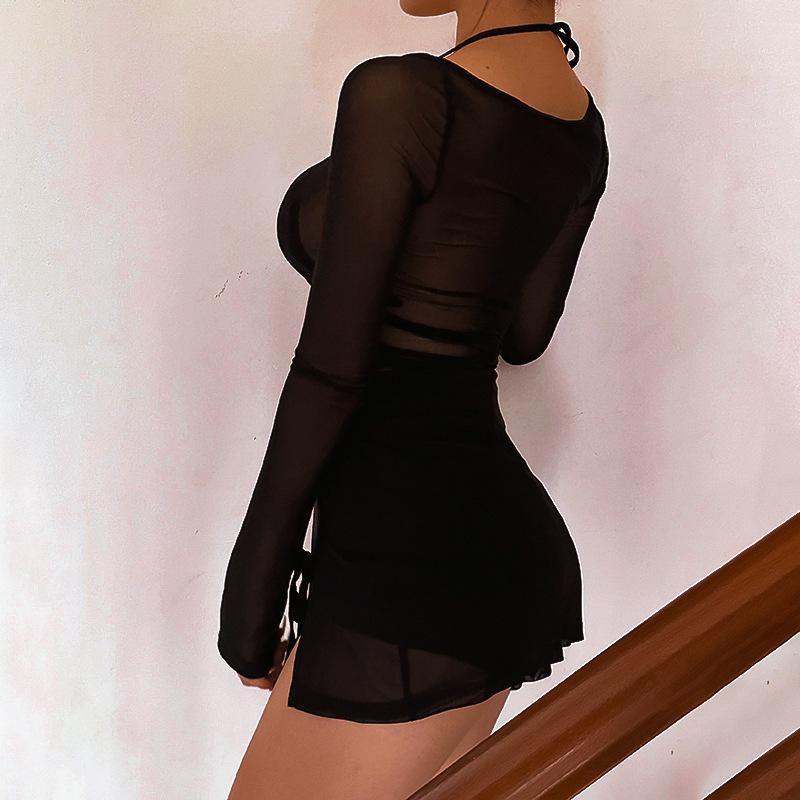 Square Collar Solid Mini Dress For Women Y2k Clothes Gauze Sexi Night Dress Hot Club Outfits Sheer Vestidos De Mujer Long Sleeve