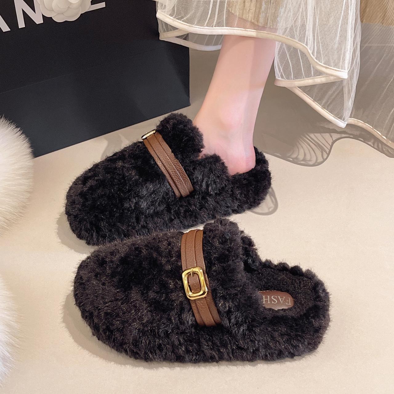 

Thick-bottomed plush comfortable bag head half slippers women wear autumn and winter new high-end casual leopard print fluffy slippers tide 40 чёрный