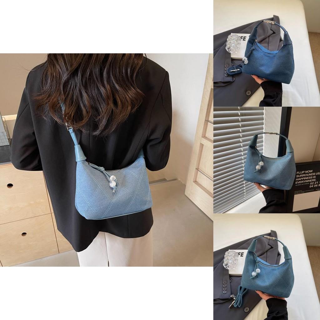 Stylish Canvas Crossbody Moon Bag For Women In Light Blue And Dark Blue Perfect For Street Fashion