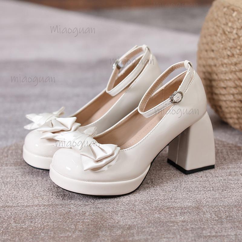 New Women's Platform Pumps with Bow Knot Chunky Block Heel Ankle Strap Patent Leather Party Shoes Black/Beige Mary Jane Shoes