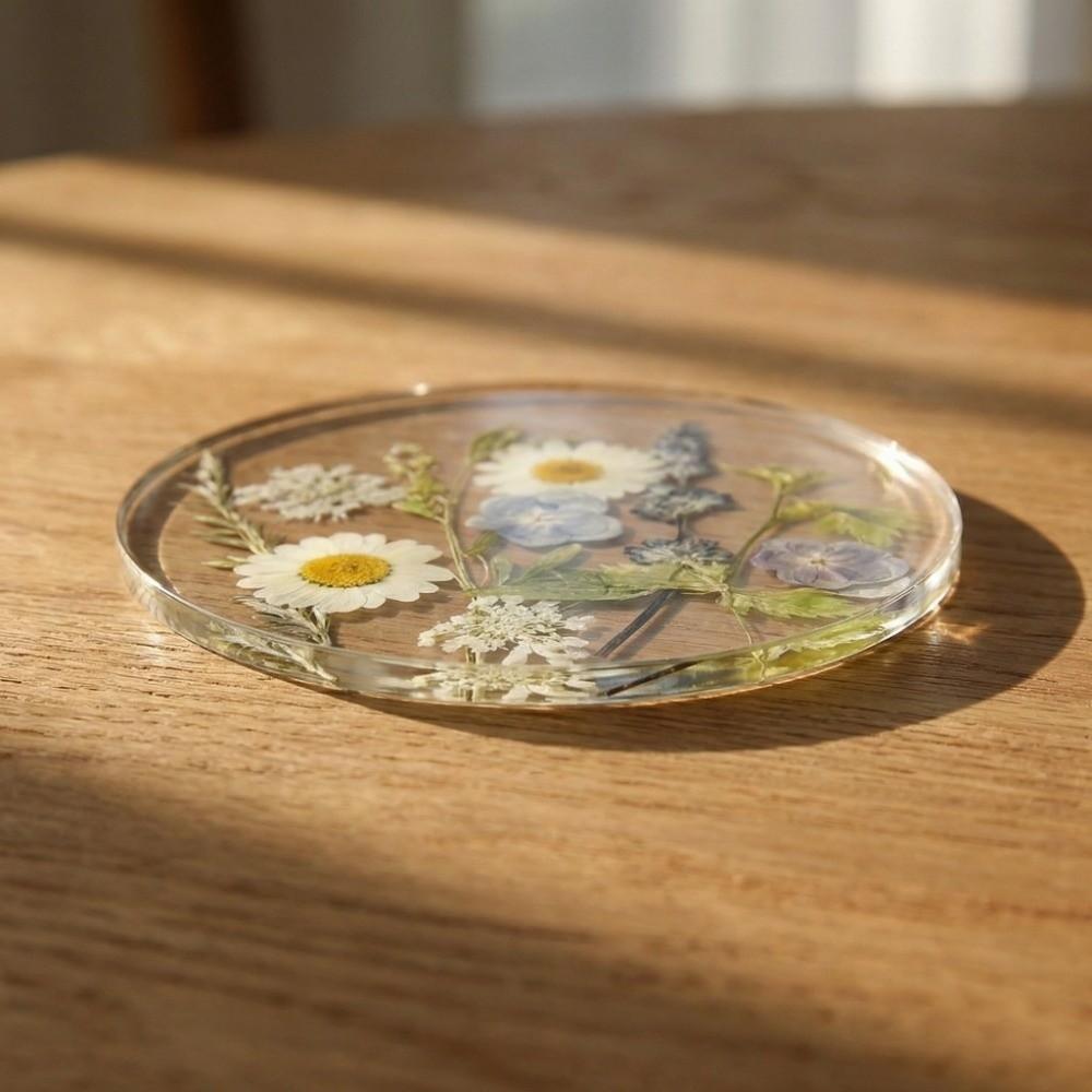 Round Floral Print Coasters Transparent Cup Mat Durable Insulation Pad Tea Table