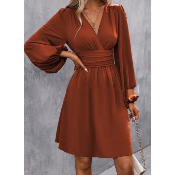 Abiti Abbigliamento Donna Scollo a V Manica a Lanterna Wrap Mini Abito Vita Arricciata Orlo Svasato Elegante per Stili Autunnali e da Festa