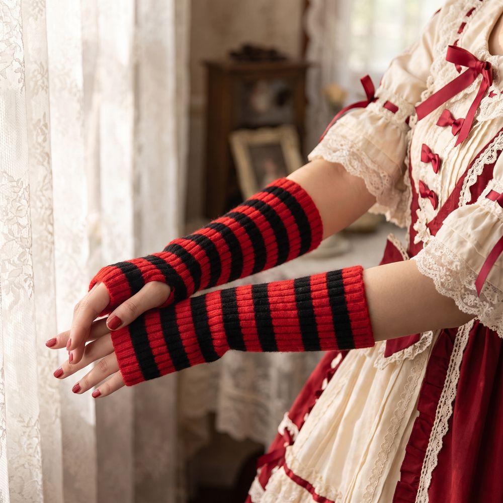 Lolita Striped Knitted Arm Sleeves Long Arm Warm Gloves Cute Fingerless Arm Warmers Party