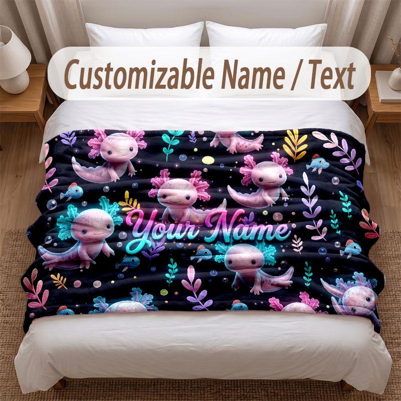Axolotl Theme Soft Blanket Personalized Custom Name Text Print Warm Blanket Home Sofa Bedroom Decor
