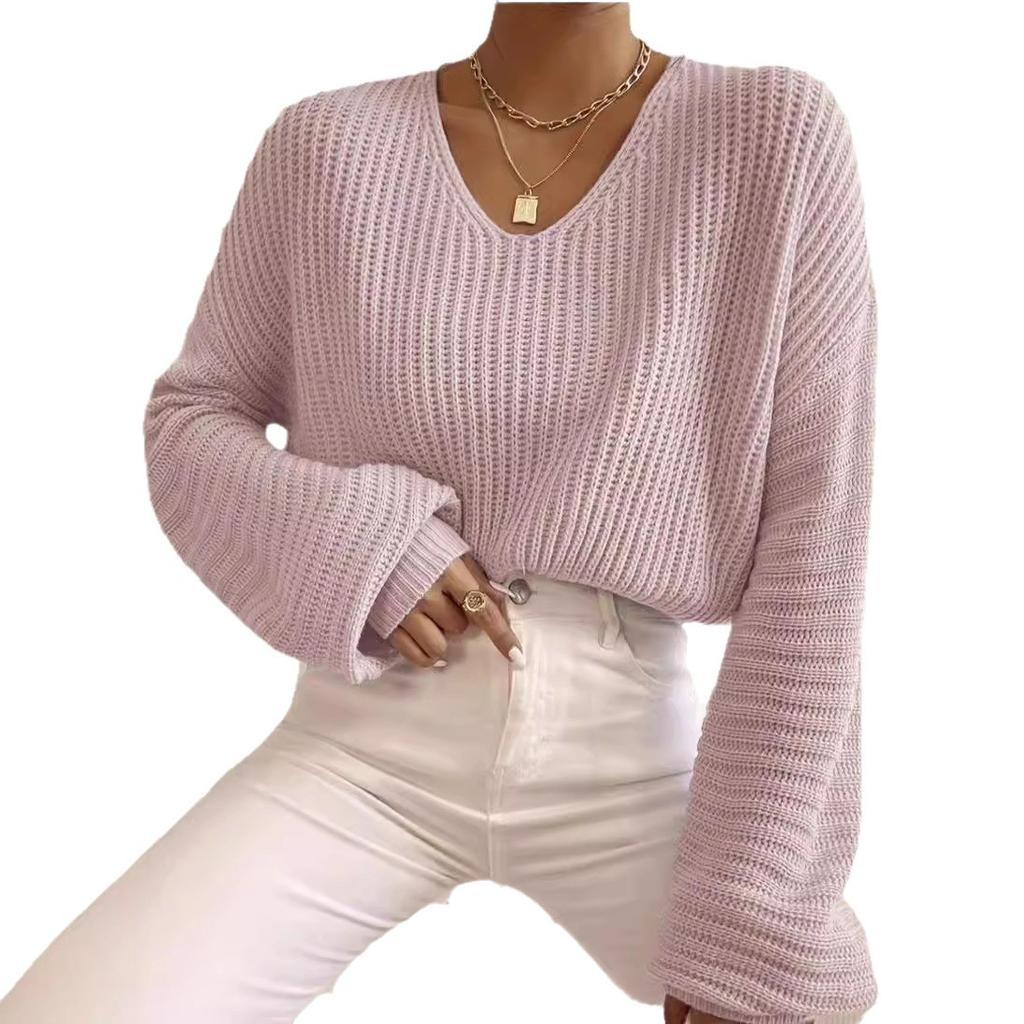 Knitted women's clothing Europe and America 2026 autumn new solid color V-neck lantern long-sleeved pullover sweater