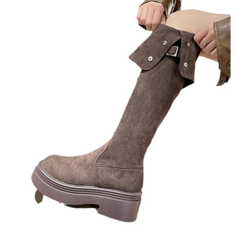 Two wear folded knee boots women's 2025 new autumn and winter thick-soled thin small long boots tall knight boots