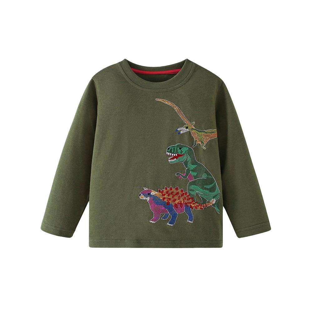 Boys' Dino Embroidery Long-Sleeve Green T-shirt, Casual Autumn/Winter Base Layer, Small/Medium