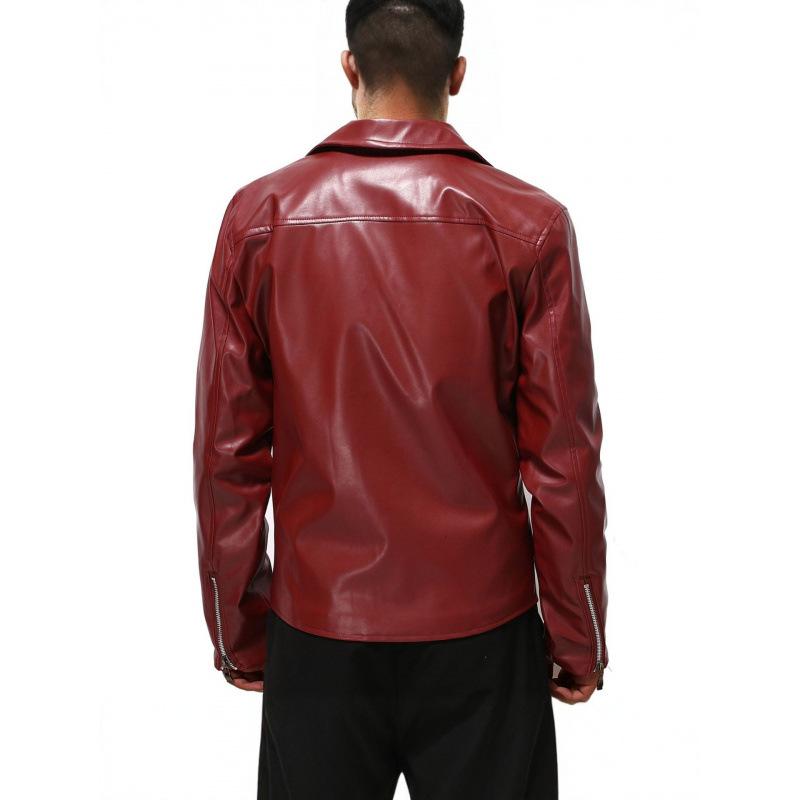 Men's PU Leather Jacket Lapel Motorcycle Jacket Autumn Slim Jacket Fashion Trend Burgundy Black