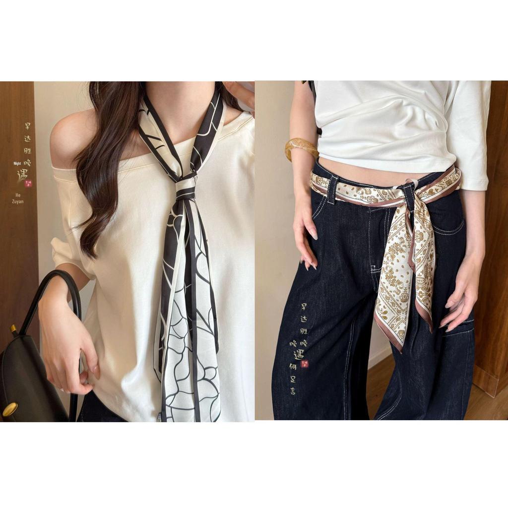 Cashmere Floral Silk Scarf: Women's Summer Thin Retro Ribbon, Neck Tie & Waist Accessory
