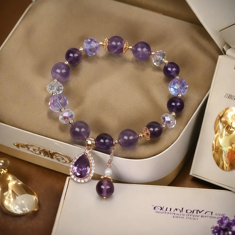 Fashion Purple Crystals Beaded Bracelets for Women Round Beads Purple Four-leaf Clover Drop Bracelet Lucky Stretch Hand Chain Jewelry for Wedding