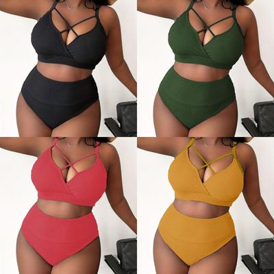 Costume da Bagno Bikini Monopezzo a Vita Alta con Spalline Sottili Colore Unico Taglie Forti - P005