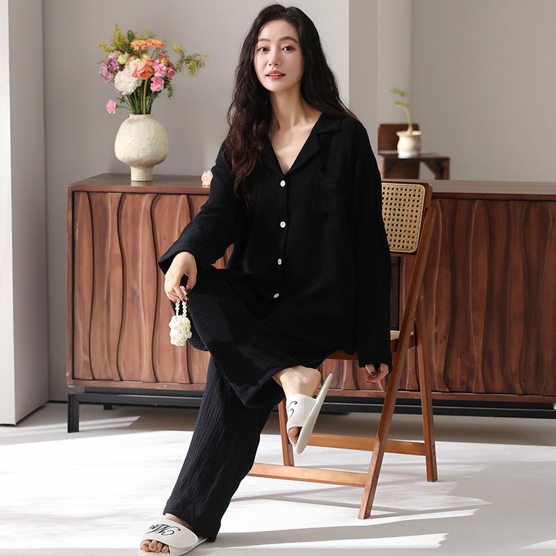 Baby cotton double-layer gauze pure cotton pajamas women's spring and autumn long-sleeved 1011 new thin models can be worn outside white loungewear