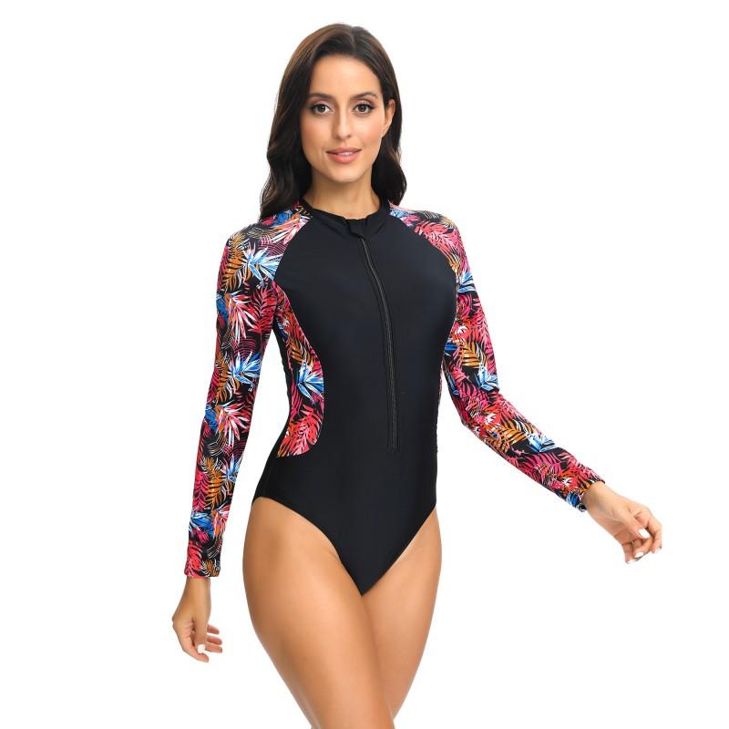 Womens Long Sleeve Printed Zipper One-Piece Swimsuit With Built-in Pad High Coverage Surfing Swimming Suit