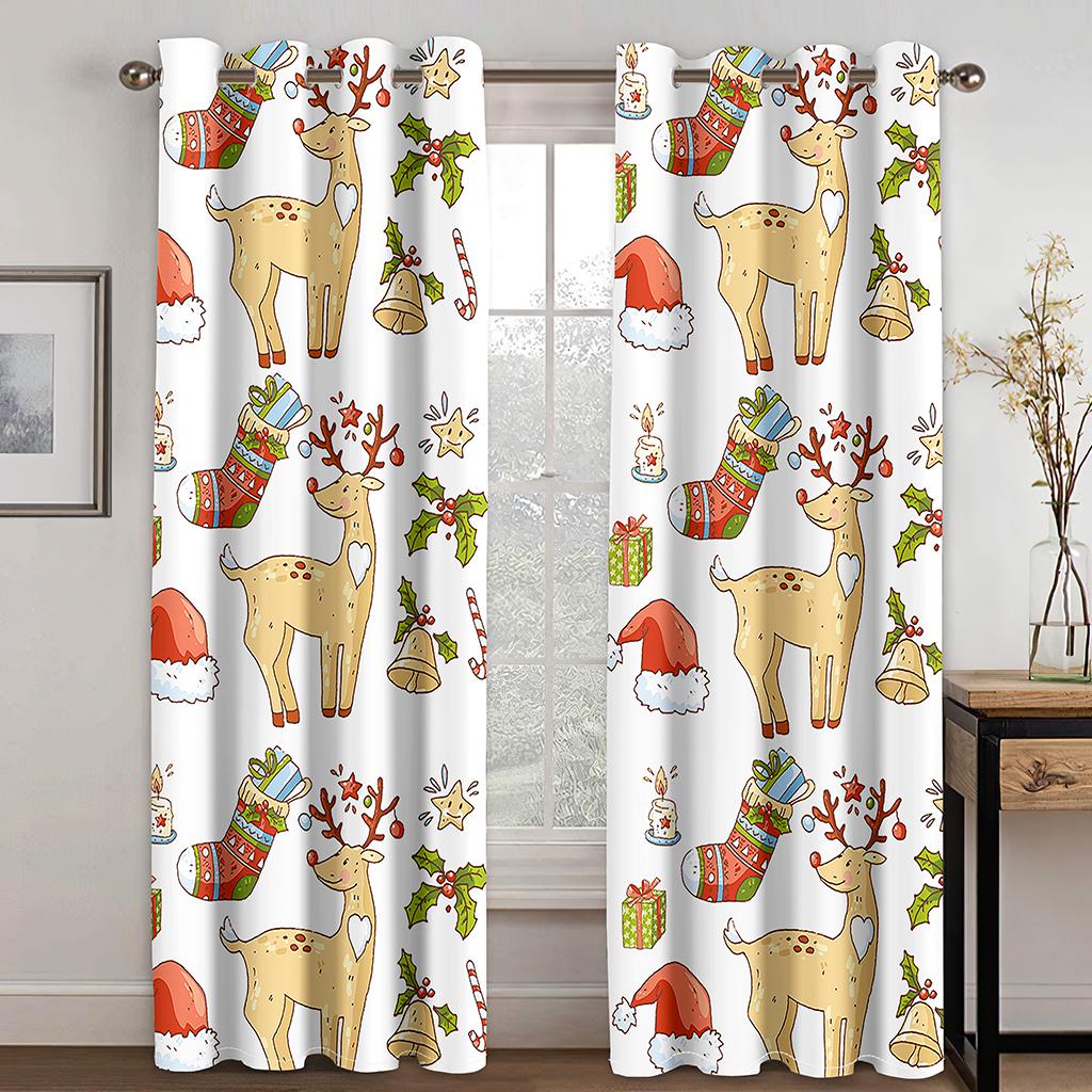 

Детские мультяшные шторы Санта-Клауса в стиле кавайи, украшенные рождественскими украшениями, праздничные шторы с узорами в виде оленя и рождественской елки W132cm x H160cm&Grommet