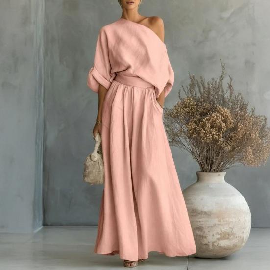 Set da 2 Pezzi Outfit Estivo da Donna Top Scollo a Barca Manica Corta Pantaloni Lunghi a Vita Alta Gamba Larga Oversize Set Tuta da Casa Colore Puro