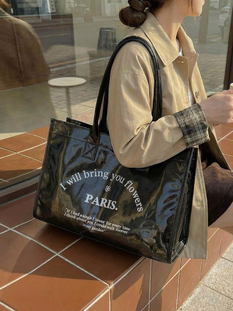 Waterproof Jelly Tote Bags PVC Letter Print Large Capacity Travel Handbags Summer Shopping Beach Shoulder Bag for Women