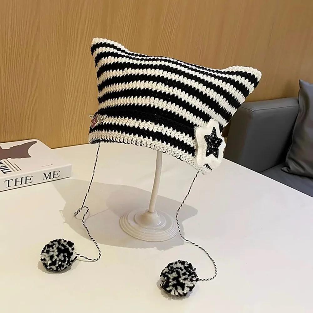 Y2K Beanie Hat Women Ins Devil Ear Striped Knitted Wool Cap Autumn Winter Hip-hop Crochet Cute Cat Ears Pointed Pullover Hats