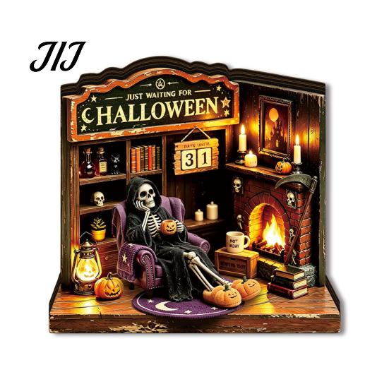 LED Halloween Scenes Vintage Glowing Wooden Tabletop Decor, Light Up 3D Scene Display Spooky Desktop Ornaments for Party, Festive Home Ornament Tiered
