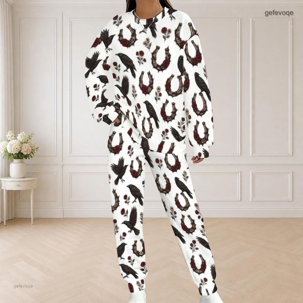 Women Plus Size White Horse Football Printed Round Neck Long Sleeve Top And Pants Two Piece Set