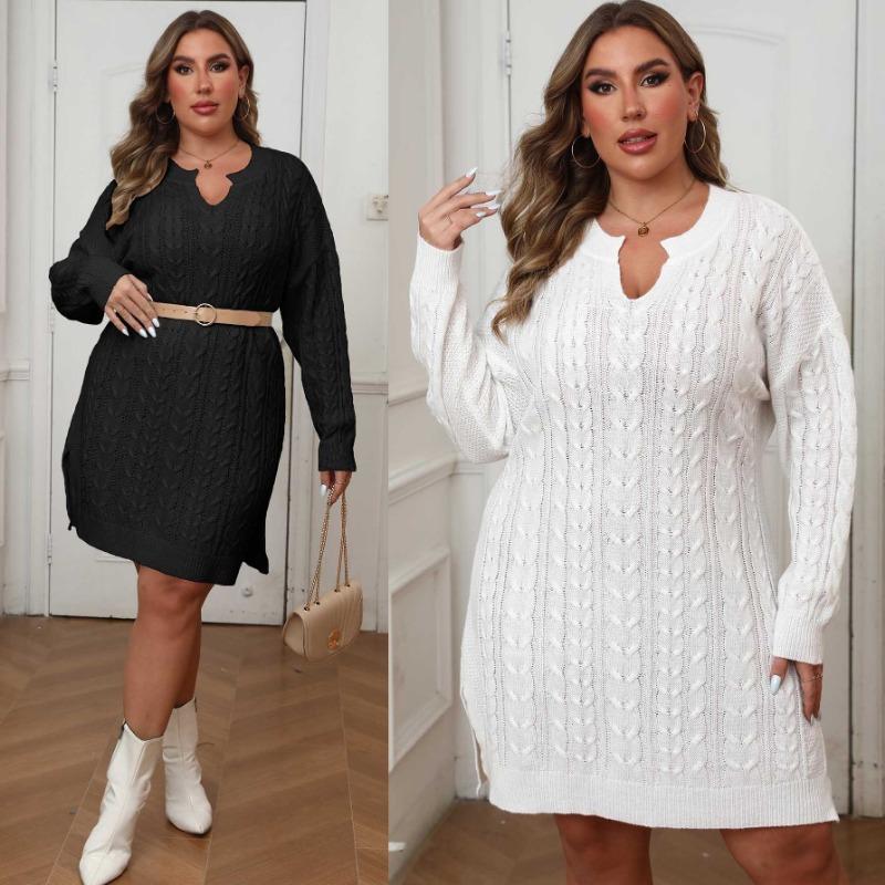 Dámský svetr s V výstřihem a copánkovým vzorem, strojově pletený, jednobarevné šaty, podzimní a zimní svetrové šaty