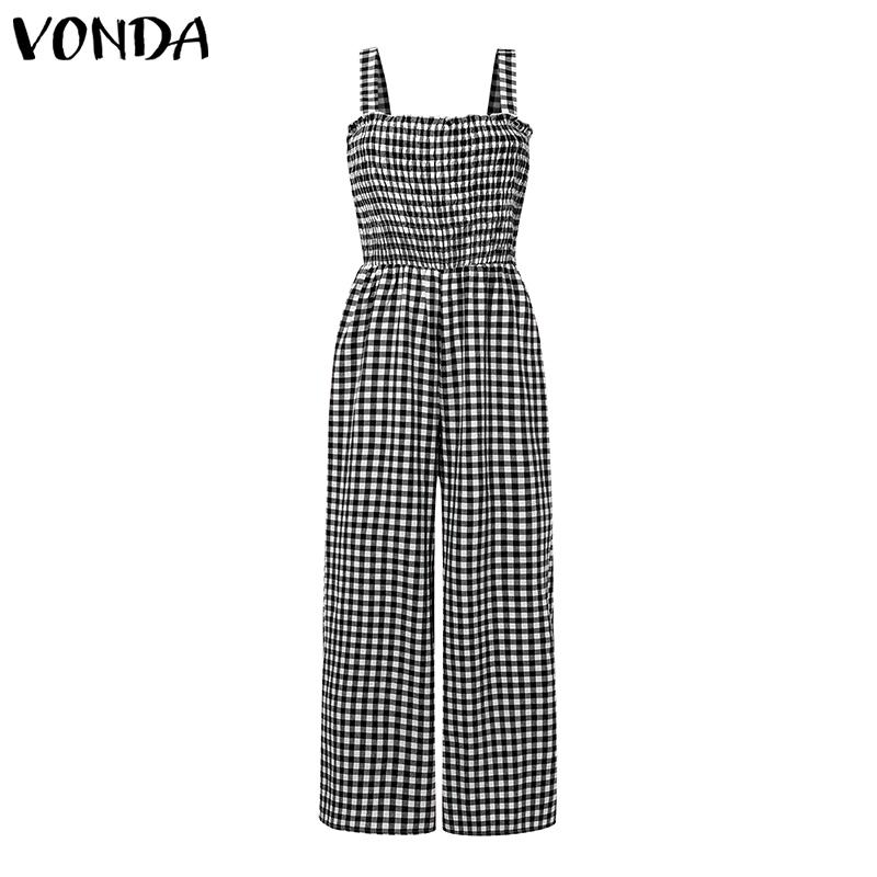 

VONDA Женские летние комбинезоны без рукавов на бретелях в клетку повседневные длинные комбинезоны L чёрный