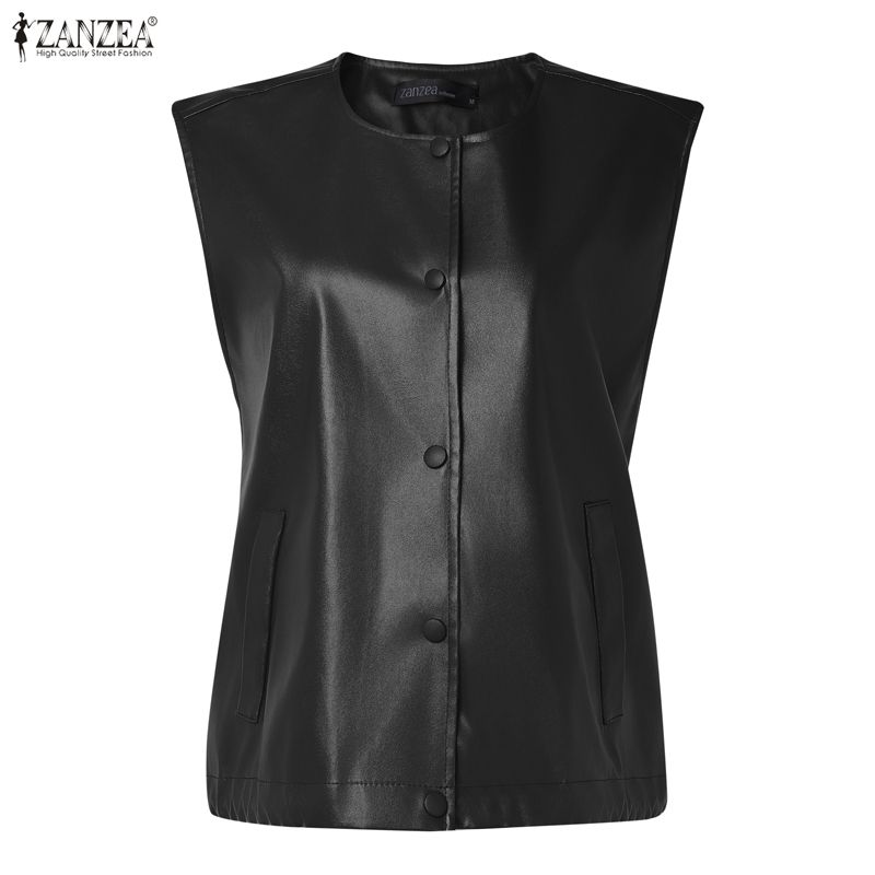 ZANZEA Women Round Neck Sleeveless Faux PU Leather Casual Waistcoat Vest Coats