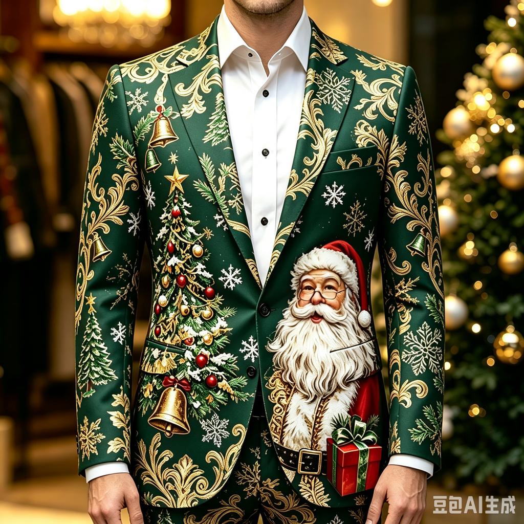 Men's Business Casual Christmas Print Long Sleeve Lapel Jacket No Tie Included