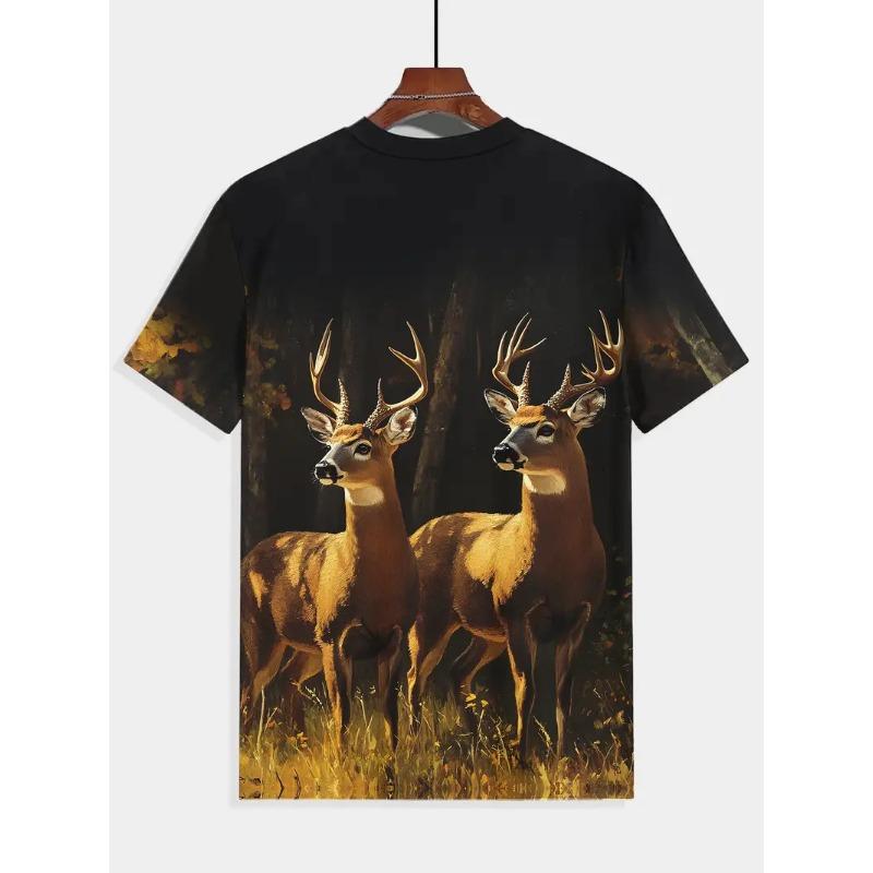 Men's Deer Print T-shirt Sports Short Sleeved Crew Neck T-shirt for Summer Outdoor Fitness Workout Men's Clothing