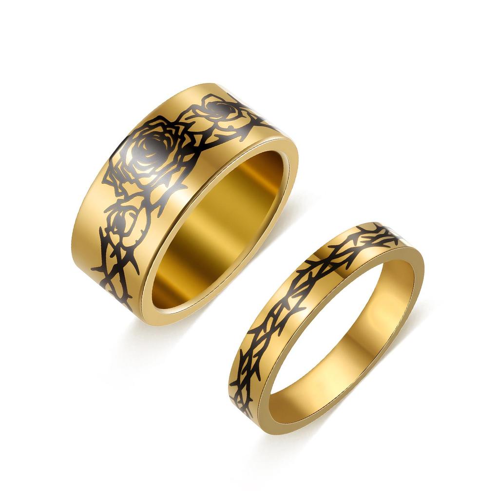 European Rose Vine Pattern Stainless Steel Couple Ring Set
