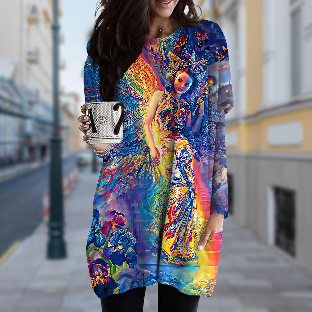 

Жіноча сукня з круглим вирізом із принтом статуї Весна-осінь Сукня великих розмірів з кишенями 8XL різнокольоровий