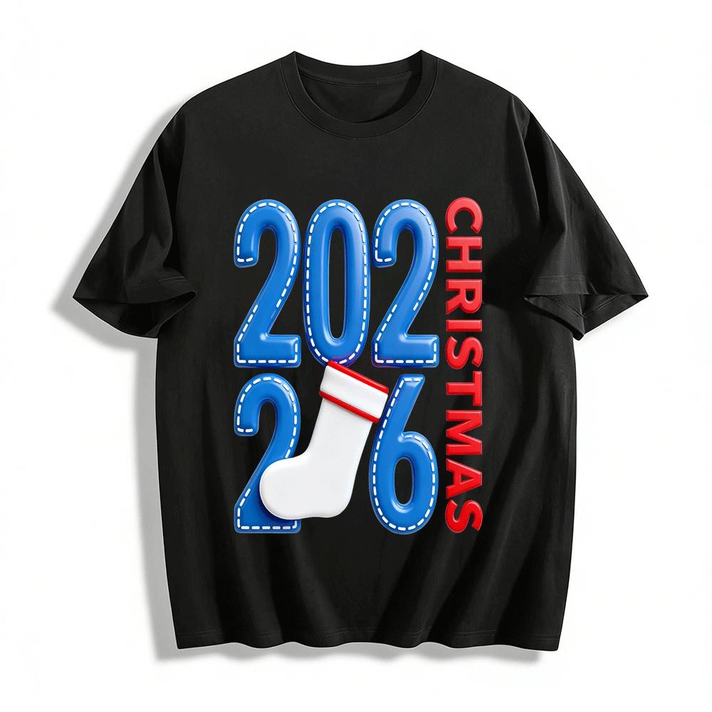 2026 Christmas Themed Fun Sock Print Casual Loose Top Pure cotton T-shirt XXS