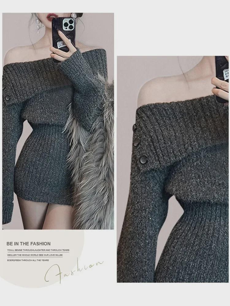 "American Hot Girl Fashion One-Shoulder Knitted Short Sweater Dress for Women - Autumn/Winter"