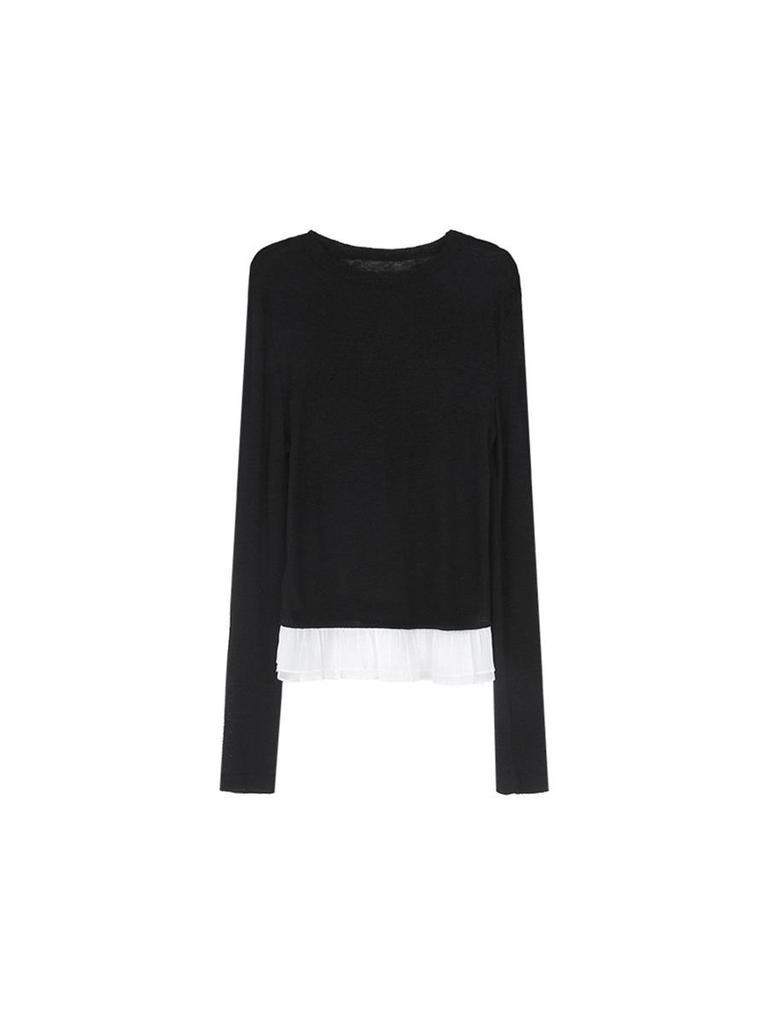 French Retro Lace Trim Round Neck Long Sleeve T-shirt for Women - Autumn Base Layer Shirt