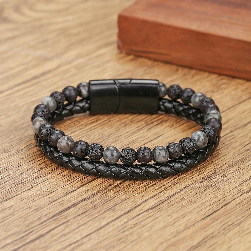 Men's Retro Style Magnetic Buckle Leather Bracelet with Zinc Alloy and Volcanic Stone