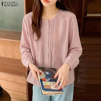 Women Lace Patchwork Casual Round Neck Long Sleeve Blouse