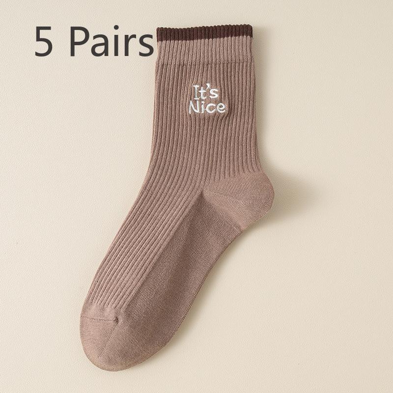 5 Pairs of Collision Screw Mouth Embroidery Drawstring Micro Women's Socks Boneless Autumn and Winter Sports Tall Rubber Band Mid-calf Socks Wholesale