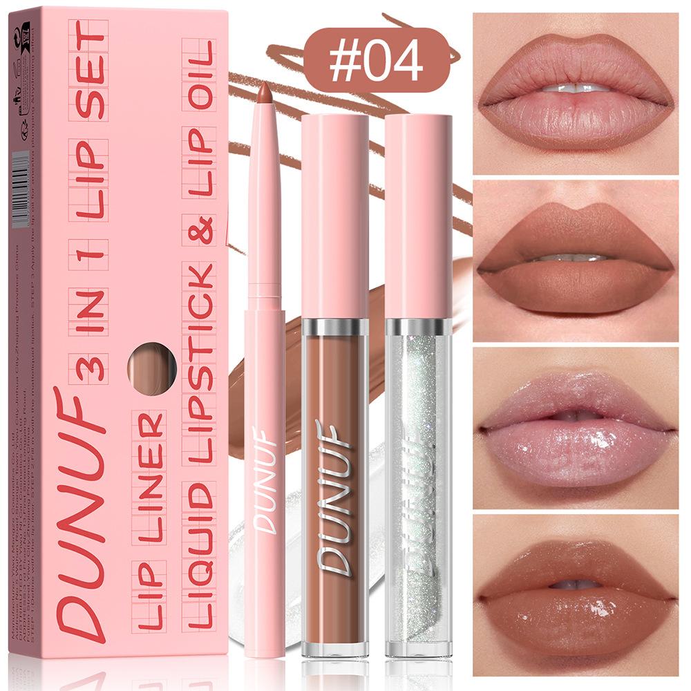 3Pc Velvet Matte Lipstick Pen Nude Brown Lip Liner Pencil Kit Rose Red Matte Lipliner+Lip Gloss+Lip Oil Set Waterproof Lips Tint