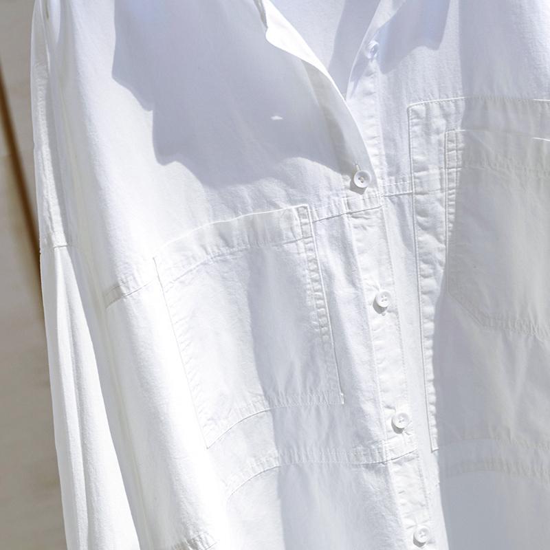 Reine Baumwolle Doppel Tasche Weißes Hemd Frauen Lange-sleeve Bluse Frühling Herbst Tops Revers Mit Knöpfen Unregelmäßige Shirts