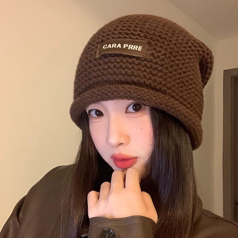 Rolling Pile Hat Women's Autumn and Winter Big Head Circumference Confinement Cold Hat Showing Small Face Warm Knitted Wool Hat