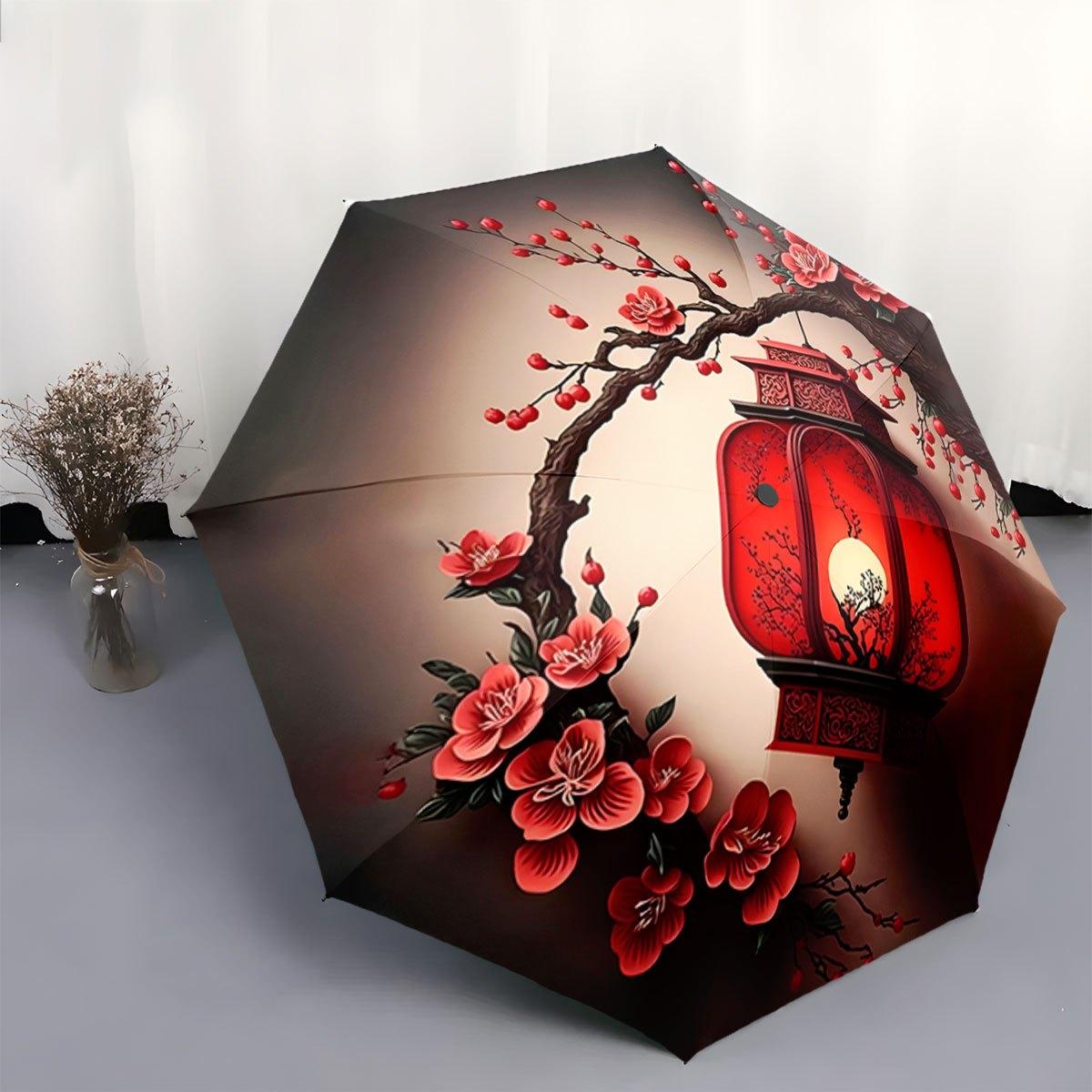 

/Korean Style Cherry Blossom & Red Lantern Folding Umbrella - Open/Close, 8-Rib Compact Travel Umbrella with Lantern Tip, Pink
