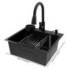 Évier de cuisine multifonctionnel 3 spécifications avec robinet rétractable, distributeur de savon et panier égouttoir en acier inoxydable noir